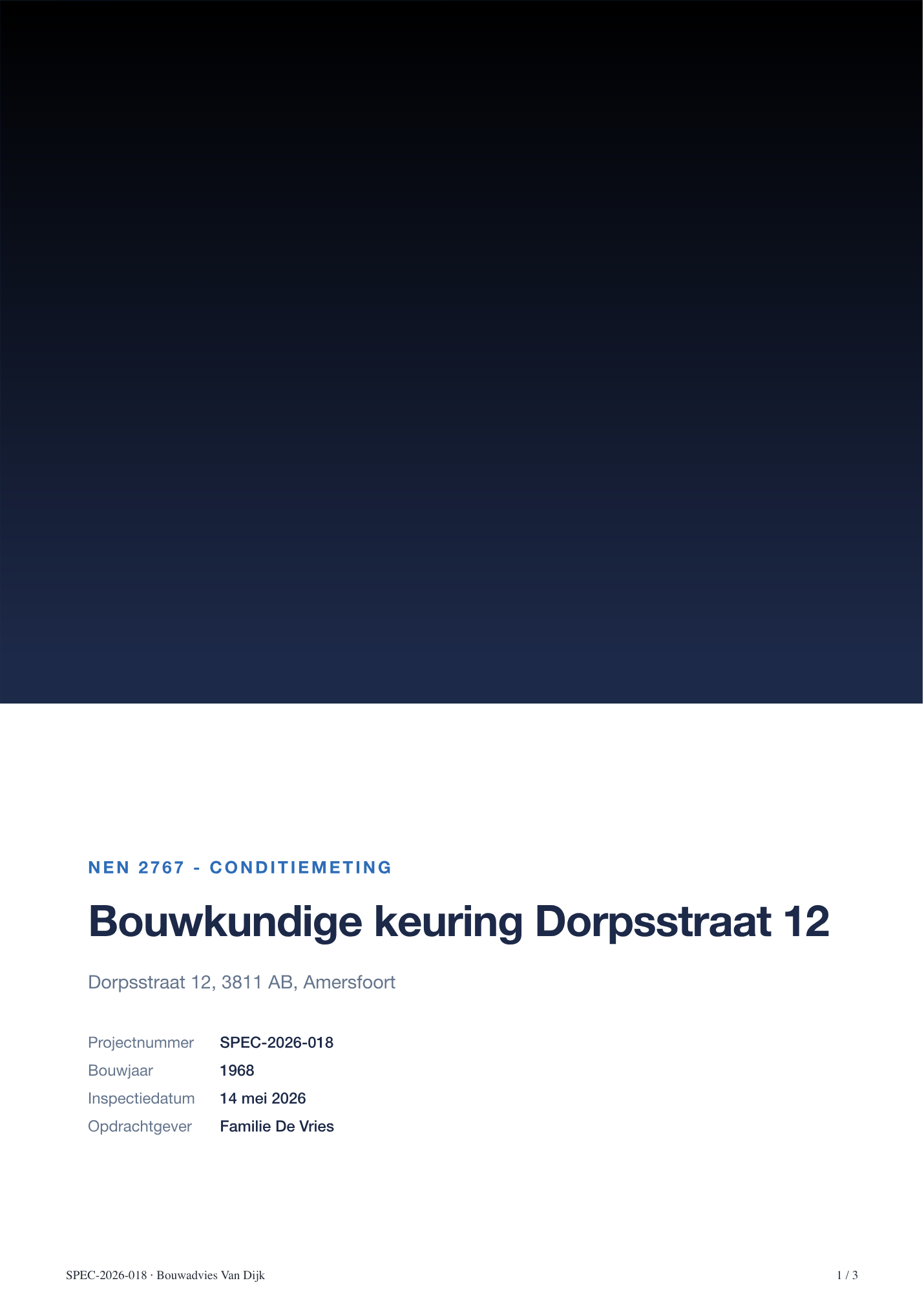 Voorbeeld van een PDF-voorblad met omslagfoto, rapporttype-label, adres en projectgegevens