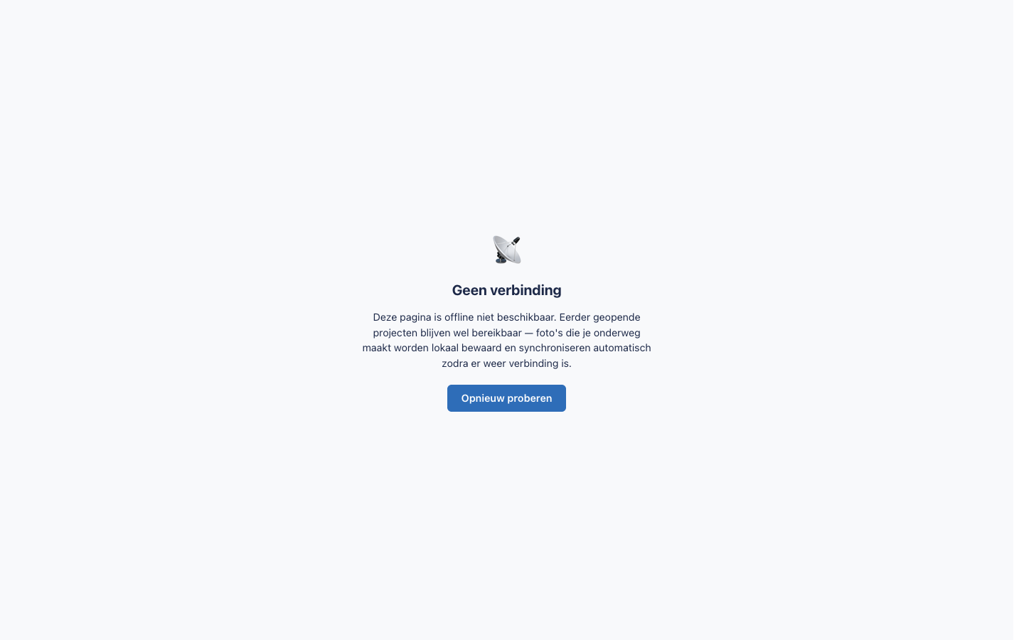 De offline-pagina van SpectIQ met de melding Geen verbinding en de knop Opnieuw proberen